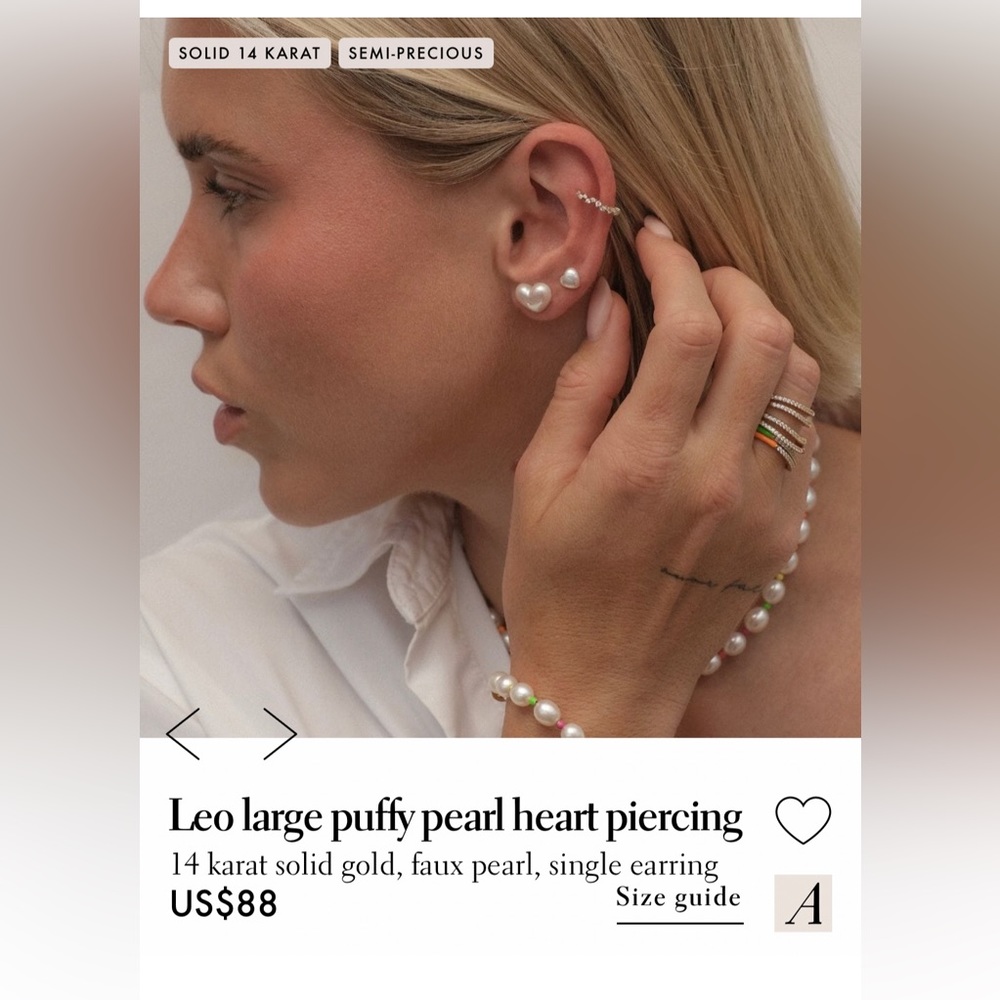 14k faux pearl puffy heart single earring Large Adornmonde